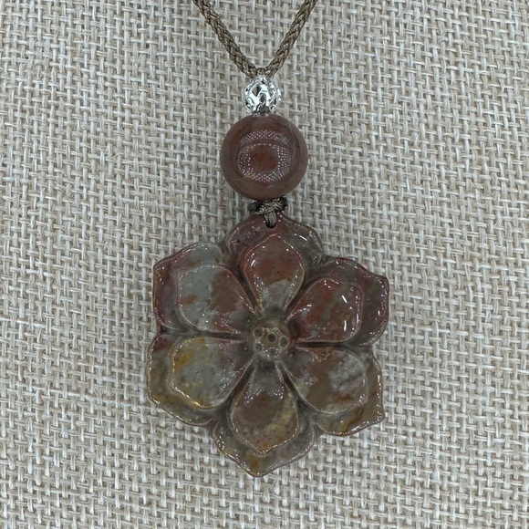 Polychrome Jasper Flower Pendant Necklace on Brown Rope - Picture 4 of 12